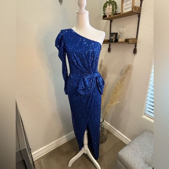 NWT- Jay Godfrey Andi Sequin One-Shoulder Gown Midnight Blue - Picture 5 of 9
